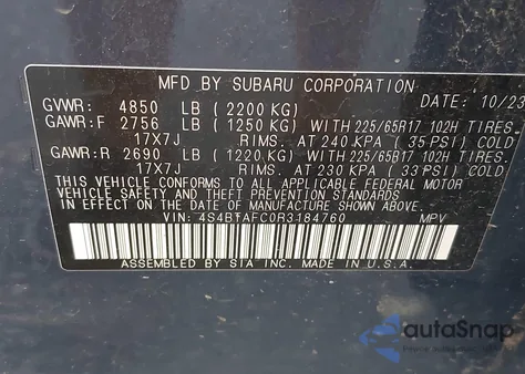 2024 Subaru Outback Premium z USA, uszkodzony, nr VIN 4S4BTAFC0R3184760